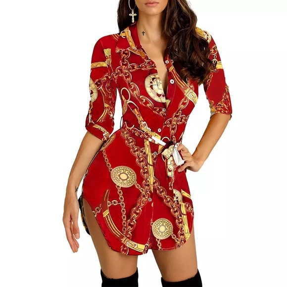 Gold chain print Shirt Dress - Picture 3 of 6